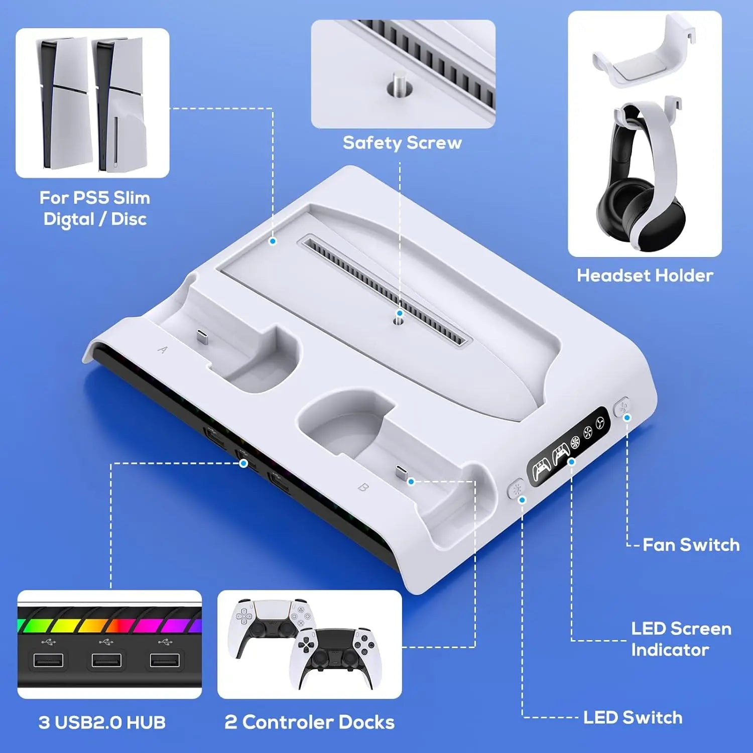 IPEGA Charging Stand with Cooling Fan for PS5 Slim Digital/Disc Console, Dual Controller with 9 RGB Lights PG-P5S006
