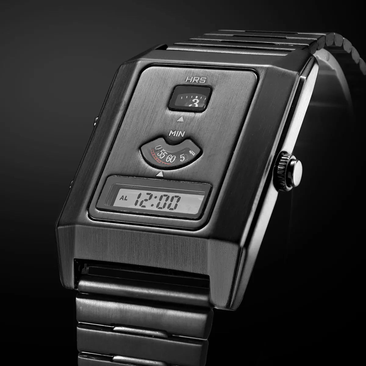 Fashion Quartz Electronic Dual Movement Men's Watch Tri-Display Backlight Alarm Unisex Wristwatch with Stainless Steel Strap