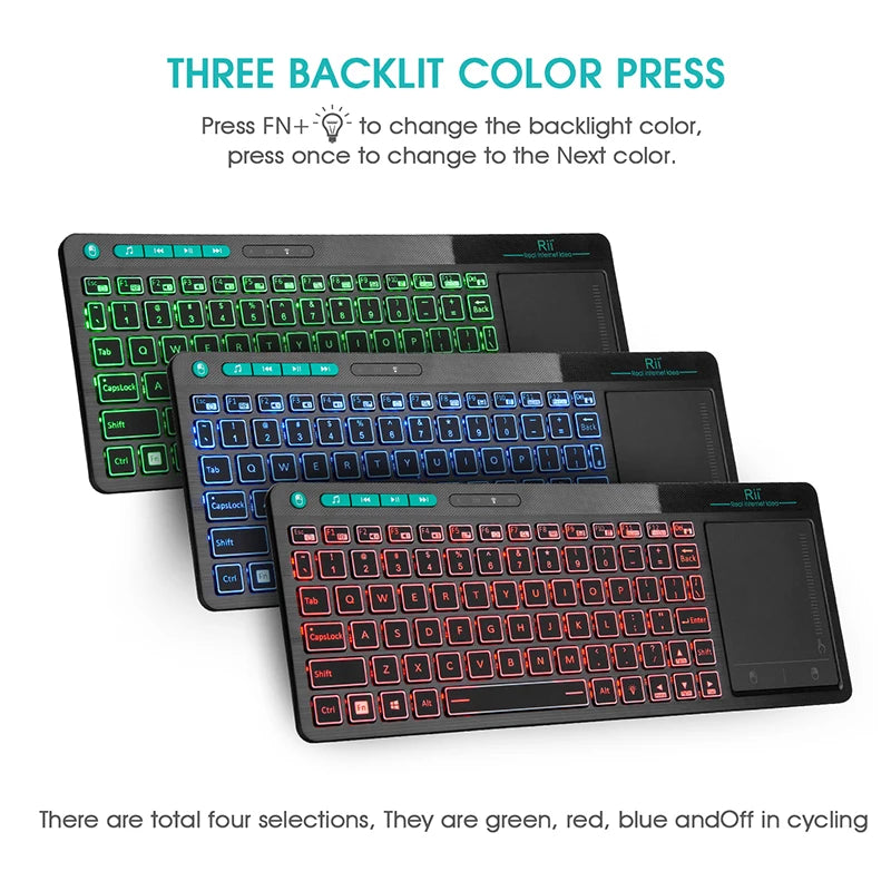 Rii K18+ Wireless Keyboard US FR HE Mini Keyboard With Touchscreen 3-LED Color Backlit For For Android TV BOX  Smart TV PC