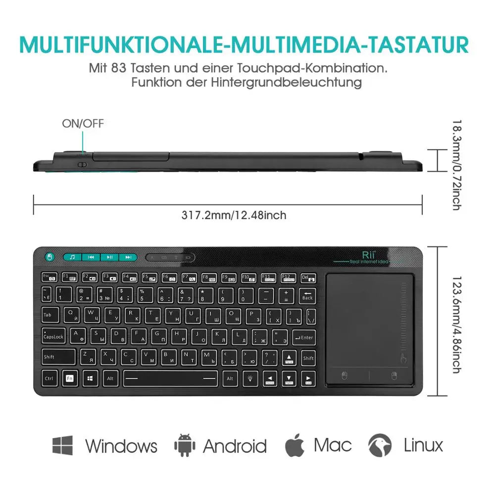 Rii K18+ Wireless Keyboard US FR HE Mini Keyboard With Touchscreen 3-LED Color Backlit For For Android TV BOX  Smart TV PC