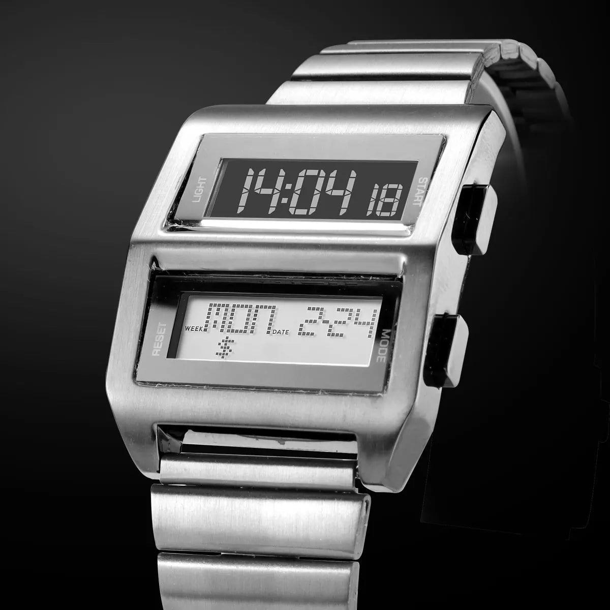 MEGIR Men's Cyberpunk Retro Driver Watch with Dual-Screen Digital Dial Sports Waterproof Wristwatch with Stainless Steel Strap