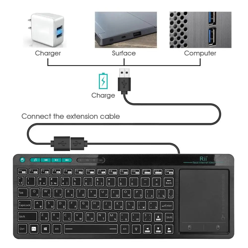 Rii K18+ Wireless Keyboard US FR HE Mini Keyboard With Touchscreen 3-LED Color Backlit For For Android TV BOX  Smart TV PC