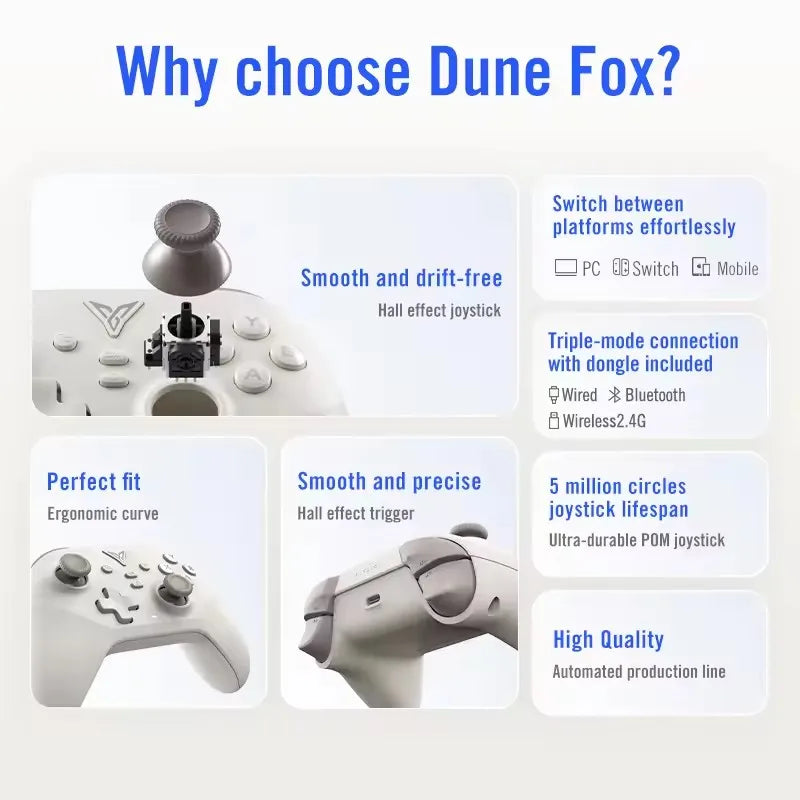 Wireless Gaming Controller Hall Effect Joystick Trigger Dune Fox Gamepad for PC NINTENDO SWITCH Android iOS Phone Mobile Game