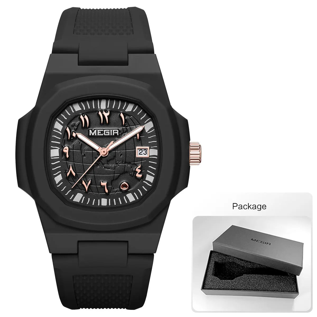 MEGIR Square Luxury Men's Watch with Arabic Numerals Luminous Calendar Date Silicone Strap Male Sports Quartz Wristwatch For Man