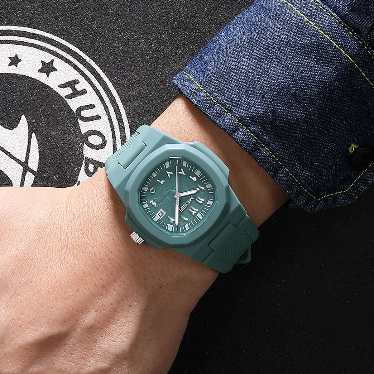 MEGIR Square Luxury Men's Watch with Arabic Numerals Luminous Calendar Date Silicone Strap Male Sports Quartz Wristwatch For Man