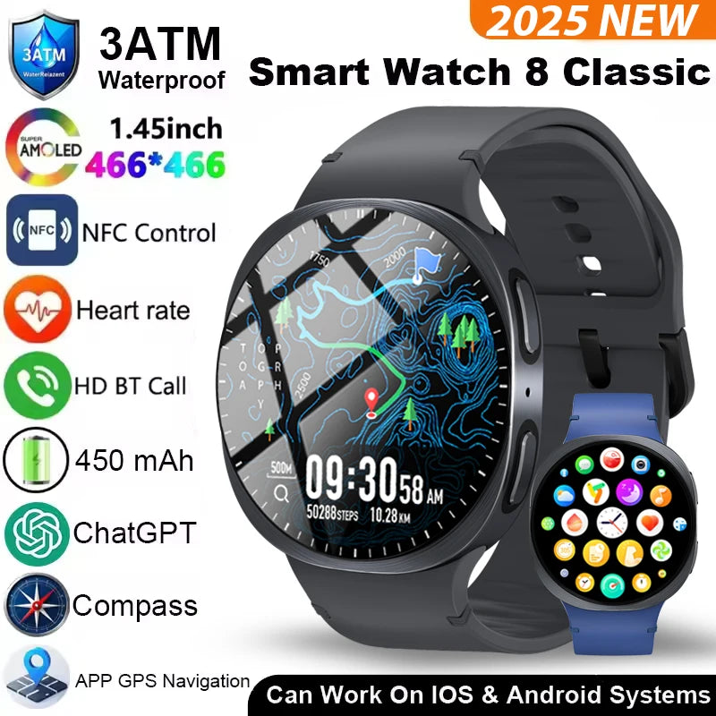 2026 New Smart Watch 8 Classic 46mm Ultra HD Screen ChatGPT GPS NFC Compass Clock Bluetooth Call Waterproof Smartwatch Men Women