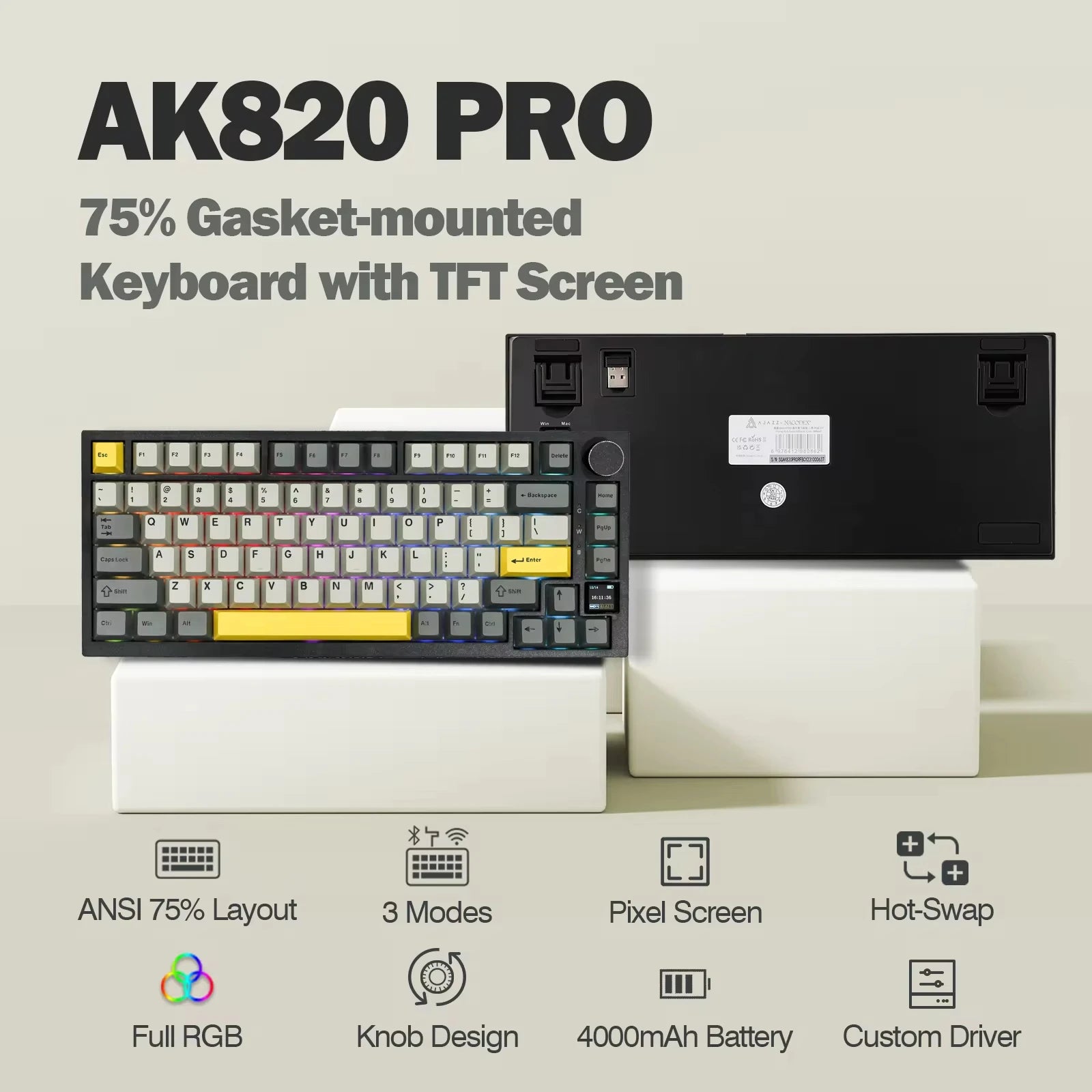 Ajazz AK820 Pro 75% Gasket-mounted Bluetooth 5.1 2.4G Wireless Wired Mechanical Keyboard with TFT Screen for Mac Win