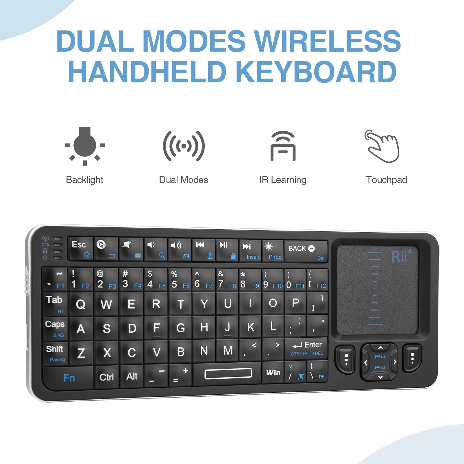 Rii K06 Mini Bluetooth Keyboard,Backlit 2.4GHz Wireless Keyboard with IR Learning Touchpad Android TV Box, Mac, Laptop, Windows
