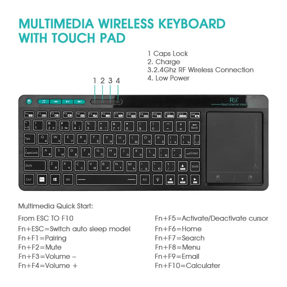 Rii K18+ Wireless Keyboard US FR HE Mini Keyboard With Touchscreen 3-LED Color Backlit For For Android TV BOX  Smart TV PC