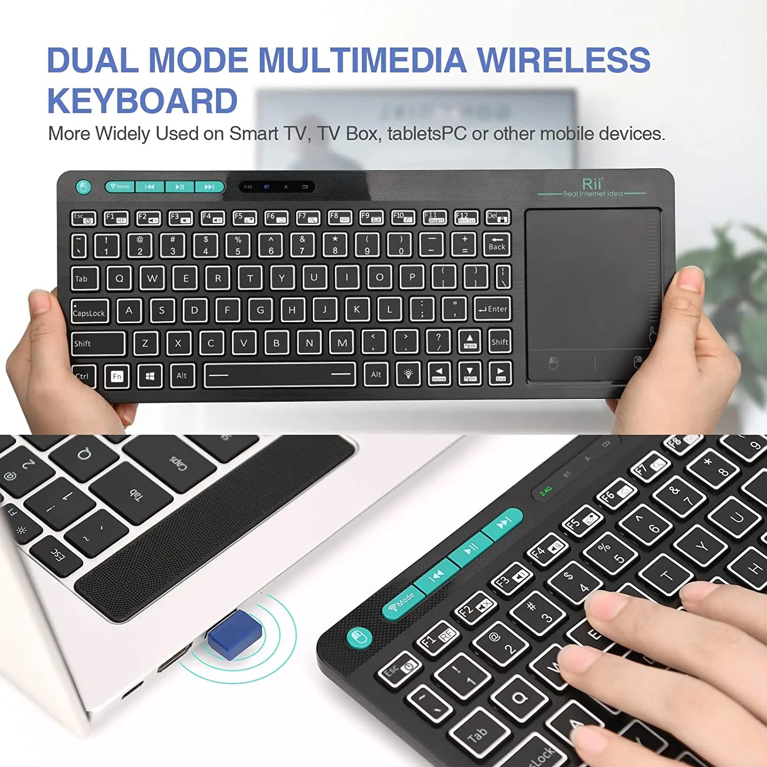 Rii K18S Mini Bluetooth Wireless 2-LED Color Backlit Multimedia Keyboard Mouse Rechargable Keyboard For Android TV Box /PC
