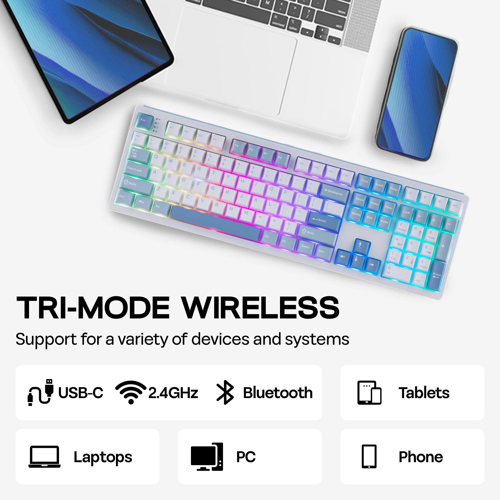 EPOMAKER TH108 100% Full Size Hot-Swap Gasket-Mounted Wired/Bluetooth/2.4Ghz Wireless Mechanical Keyboard with 8000mAh Battery