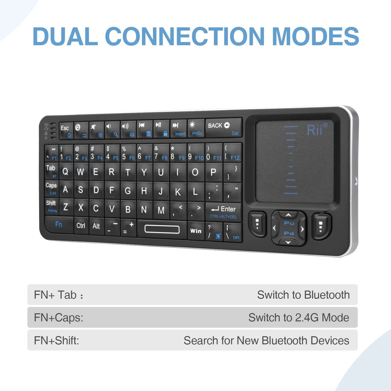 Rii K06 Mini Bluetooth Keyboard,Backlit 2.4GHz Wireless Keyboard with IR Learning Touchpad Android TV Box, Mac, Laptop, Windows