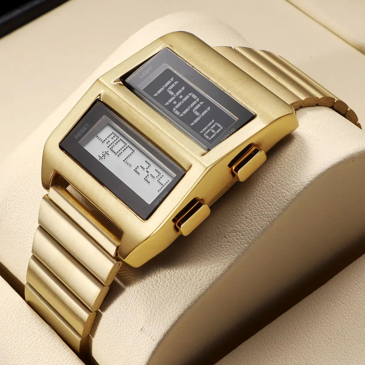 MEGIR Men's Cyberpunk Retro Driver Watch with Dual-Screen Digital Dial Sports Waterproof Wristwatch with Stainless Steel Strap