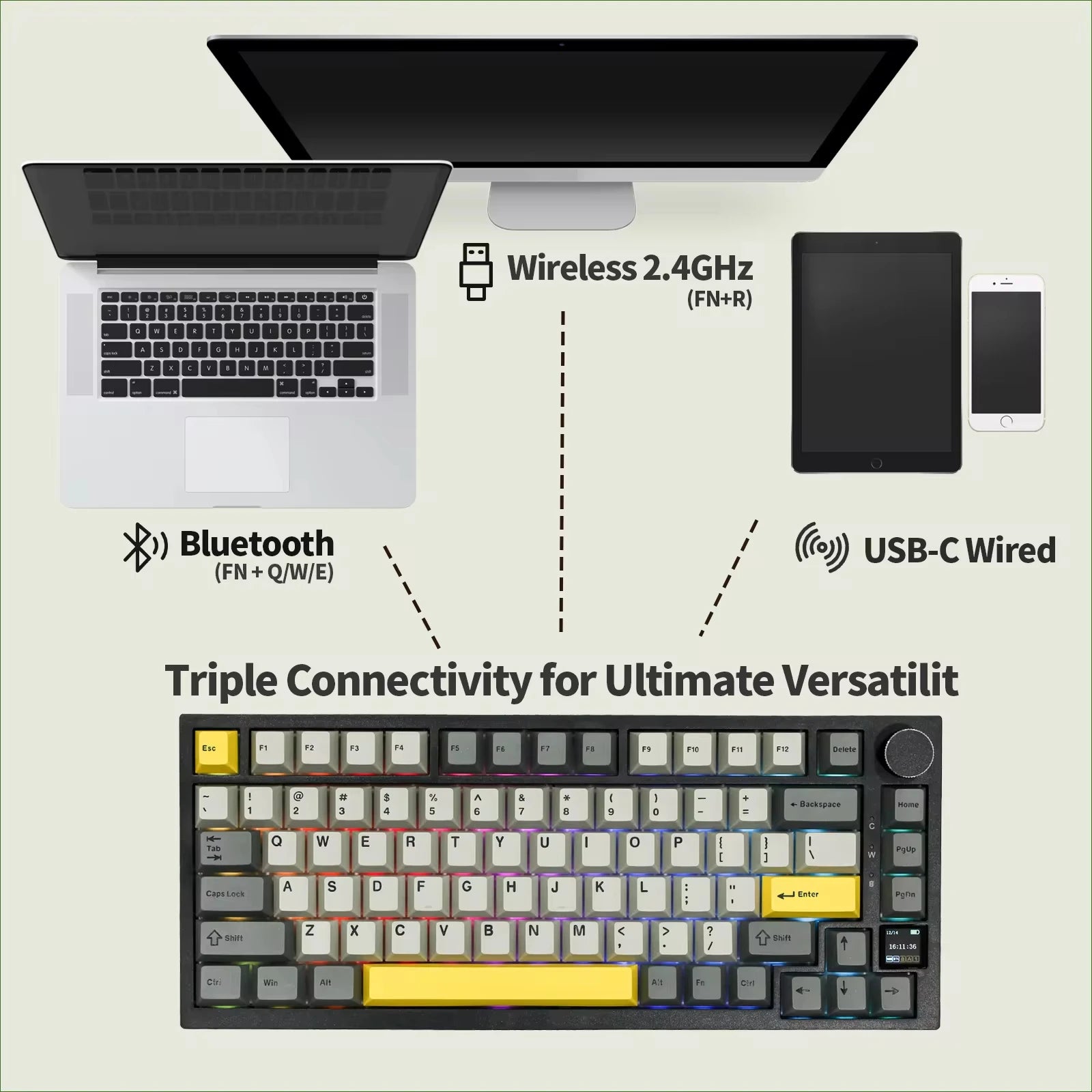 Ajazz AK820 Pro 75% Gasket-mounted Bluetooth 5.1 2.4G Wireless Wired Mechanical Keyboard with TFT Screen for Mac Win