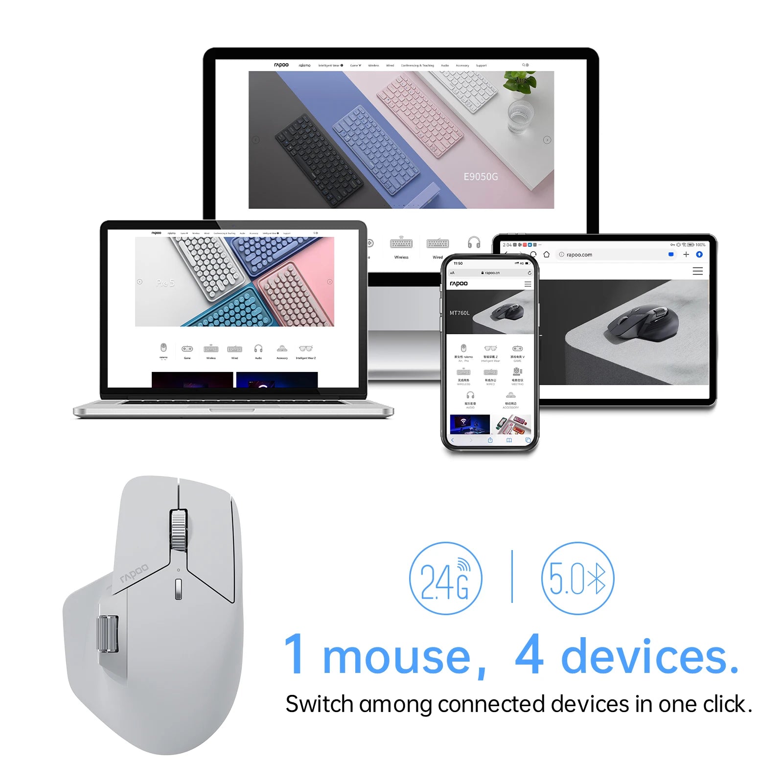 Rapoo MT720L Multi-mode Rechargeable Wireless Mouse 4000 DPI Bluetooth Mouse Easy-Switch Up to 4 Devices